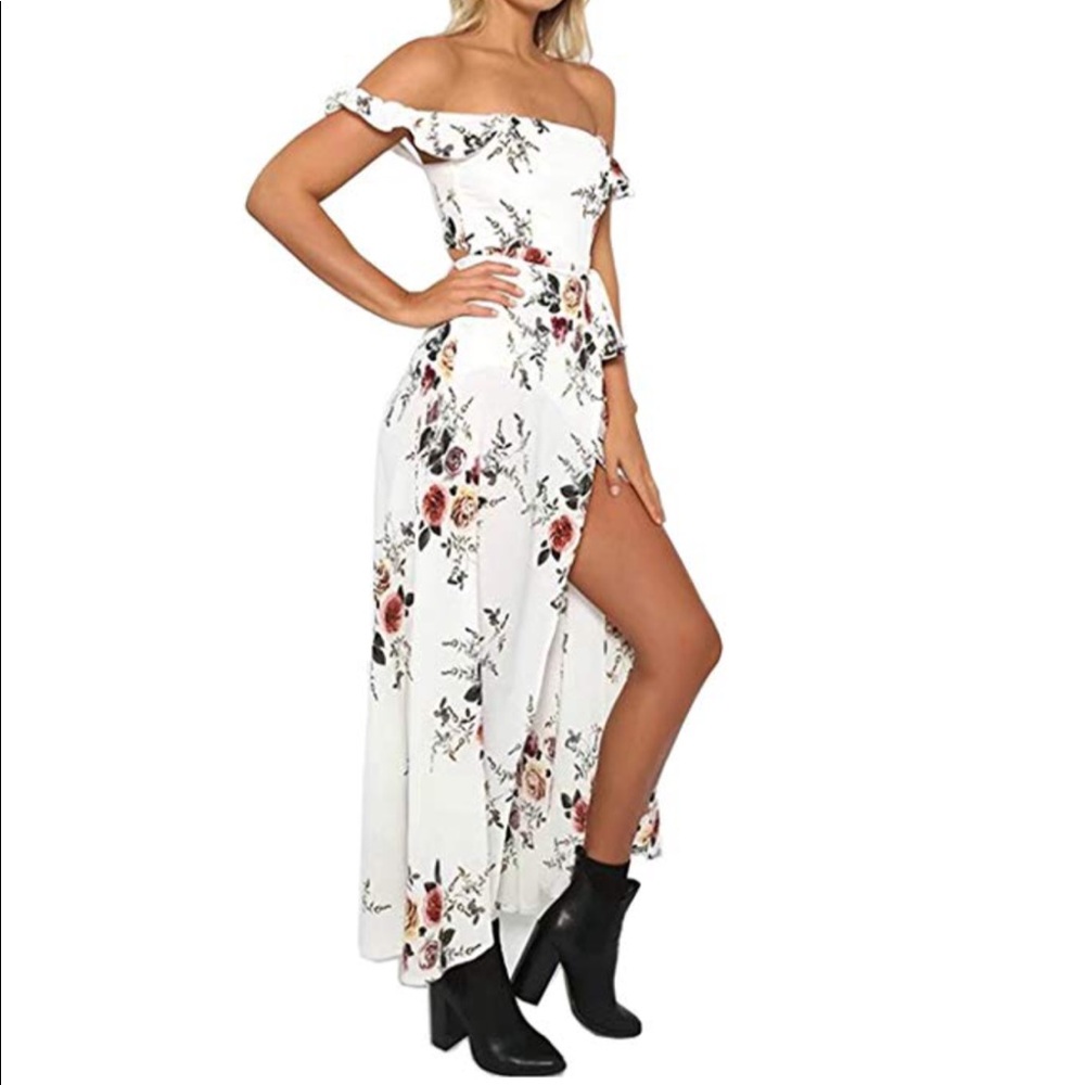 Boho Off the Shoulder Dress Floral White
